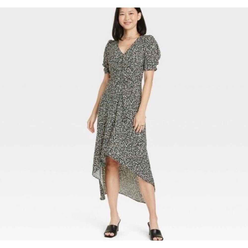 A New Day Floral Dress Womens Size XXL Puff Sleeve Midi High Low Black Green New